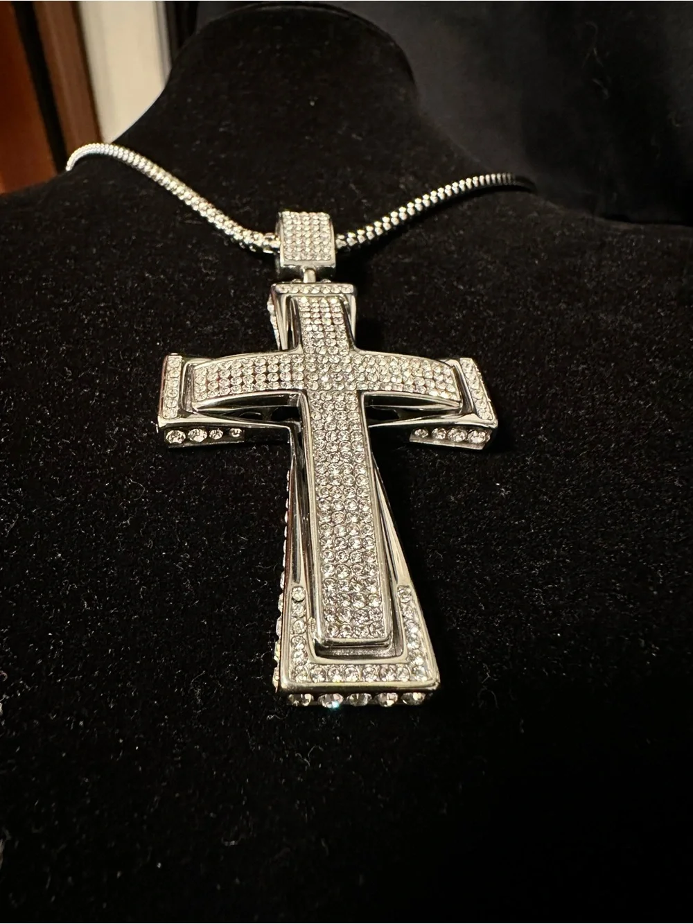Silver Pave Cubic Zirconia Cross Pendant Necklace for Men